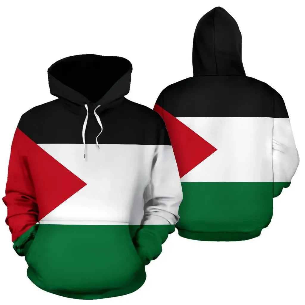 Black pullover hoodie front and back with Palestine flag print—red triangle, white stripe, green.