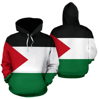 Black pullover hoodie front and back with Palestine flag print—red triangle, white stripe, green.