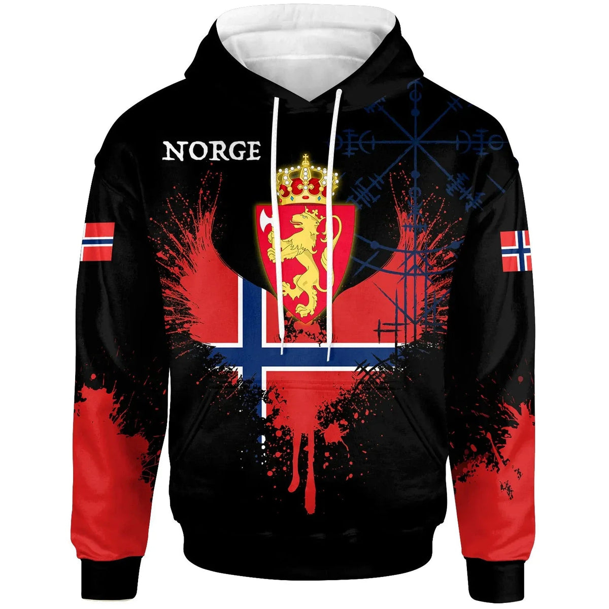 Black pullover hoodie with Norway flag and lion crest graphic, red sleeves