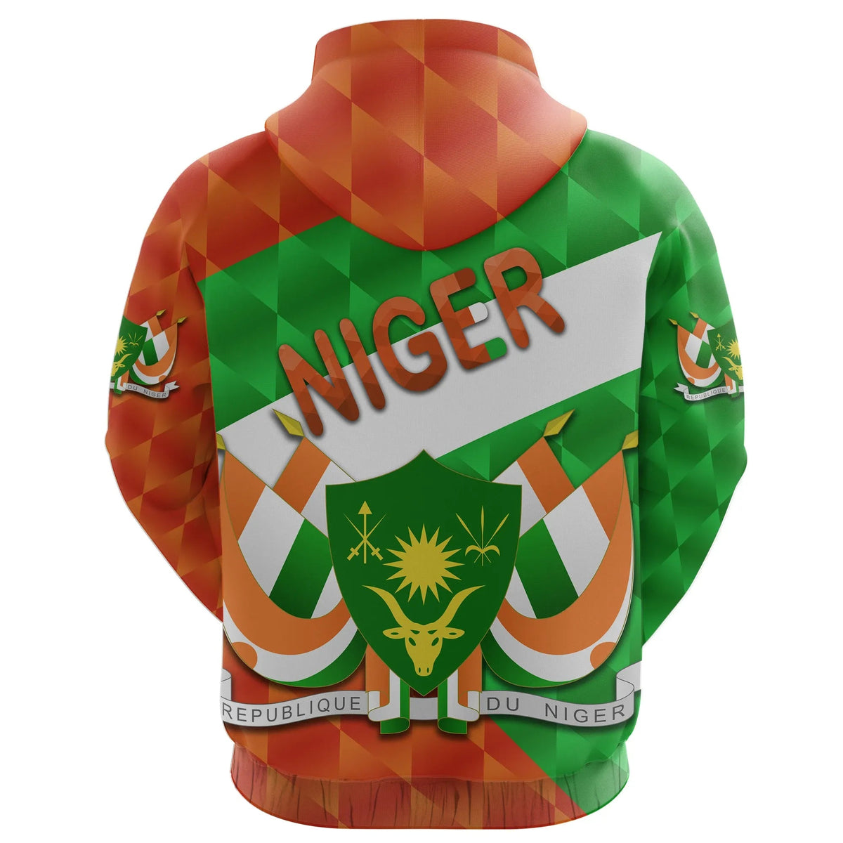 Orange pullover hoodie back with large Niger graphic and hood