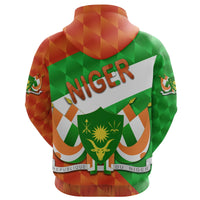 Orange pullover hoodie back with large Niger graphic and hood