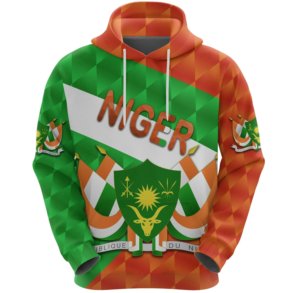 Orange pullover hoodie with hood, white drawstrings, and Niger graphic print