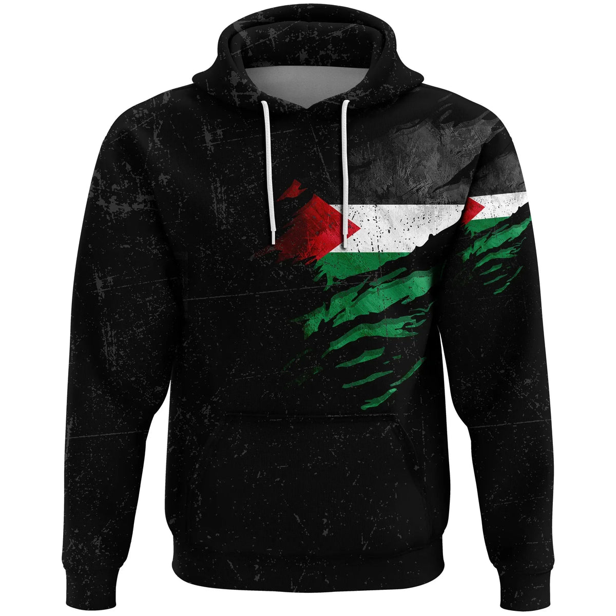 Black pullover hoodie, grunge Palestine print, front kangaroo pocket and drawstring hood