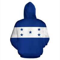 Honduras flag pullover hoodie, back view with blue/white stripes and star print