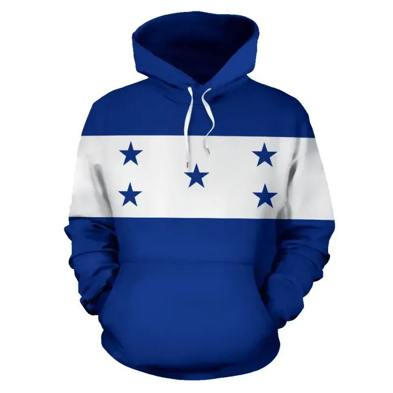 Honduras flag pullover hoodie with drawstring hood, blue/white stripe and star print