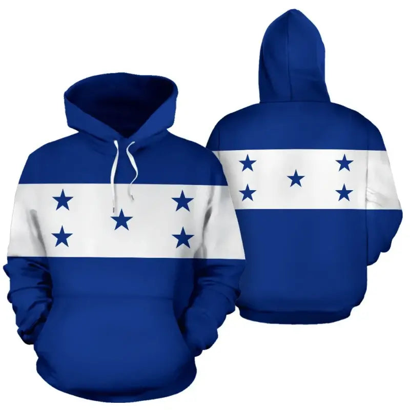 Honduras flag pullover hoodie: blue/white stripes with star print, front & back