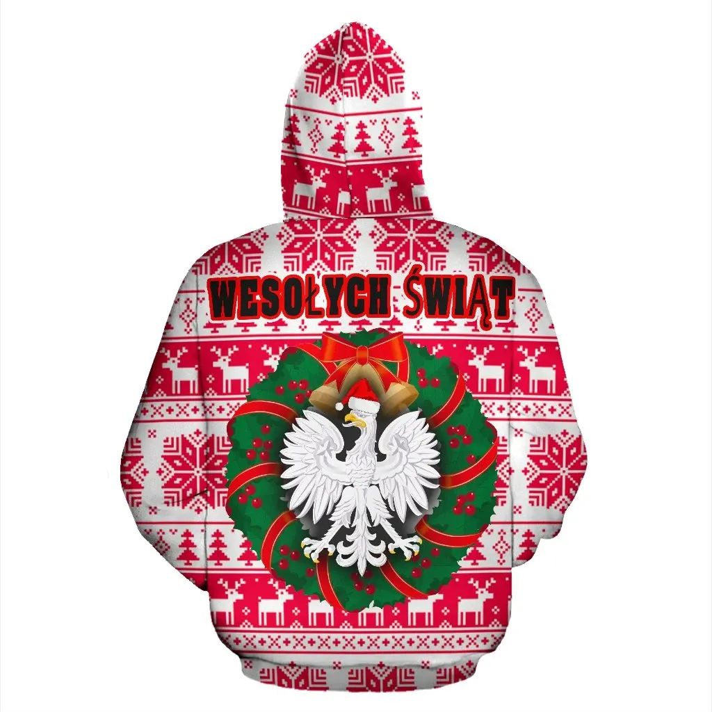 Red pullover hoodie back print: WESOŁYCH ŚWIĄT over wreath with eagle