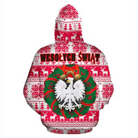 Red pullover hoodie back print: WESOŁYCH ŚWIĄT over wreath with eagle
