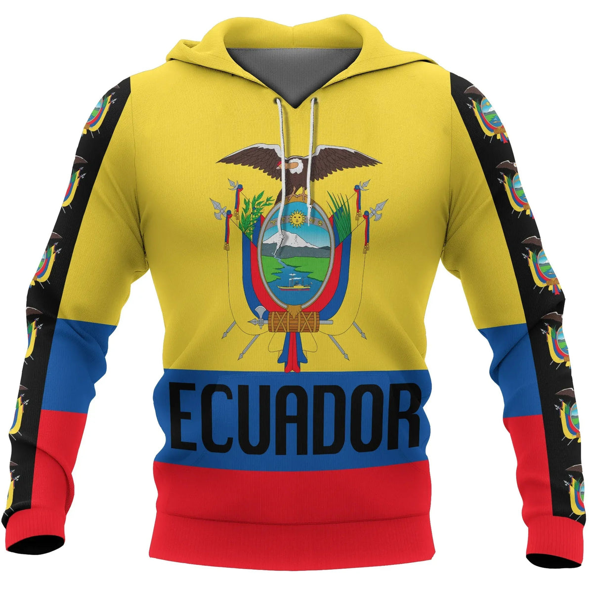Ecuador pullover hoodie with crest graphic, hooded yellow with bold blue/red sleeve trims
