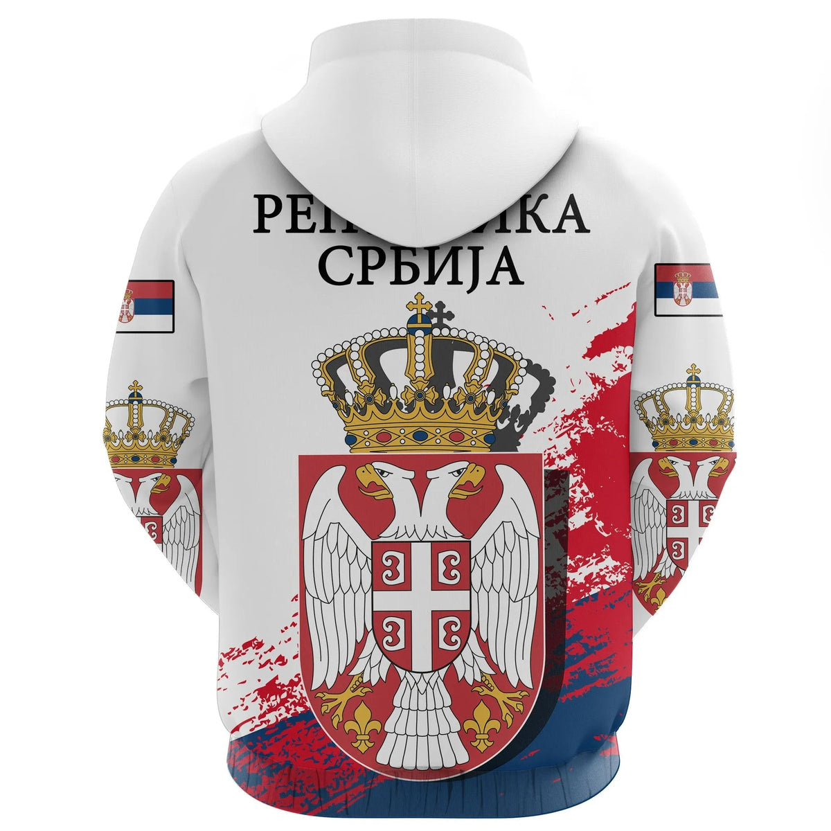 White pullover hoodie back with large Serbia text and crest graphic over shield