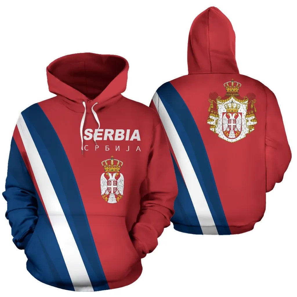 Red pullover hoodie showing front and back: Serbia lettering, crest, blue-and-white stripes