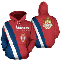 Red pullover hoodie showing front and back: Serbia lettering, crest, blue-and-white stripes