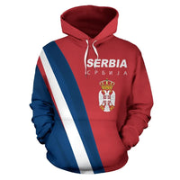 Red pullover hoodie with hood, drawstrings, Serbia text and crest, blue-and-white stripes