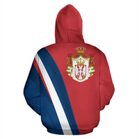 Red pullover hoodie back view with large Serbia crest and blue-and-white diagonal stripe