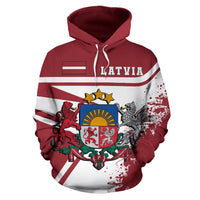Latvia pullover hoodie with crest graphic, striped sleeves, and drawstring hood