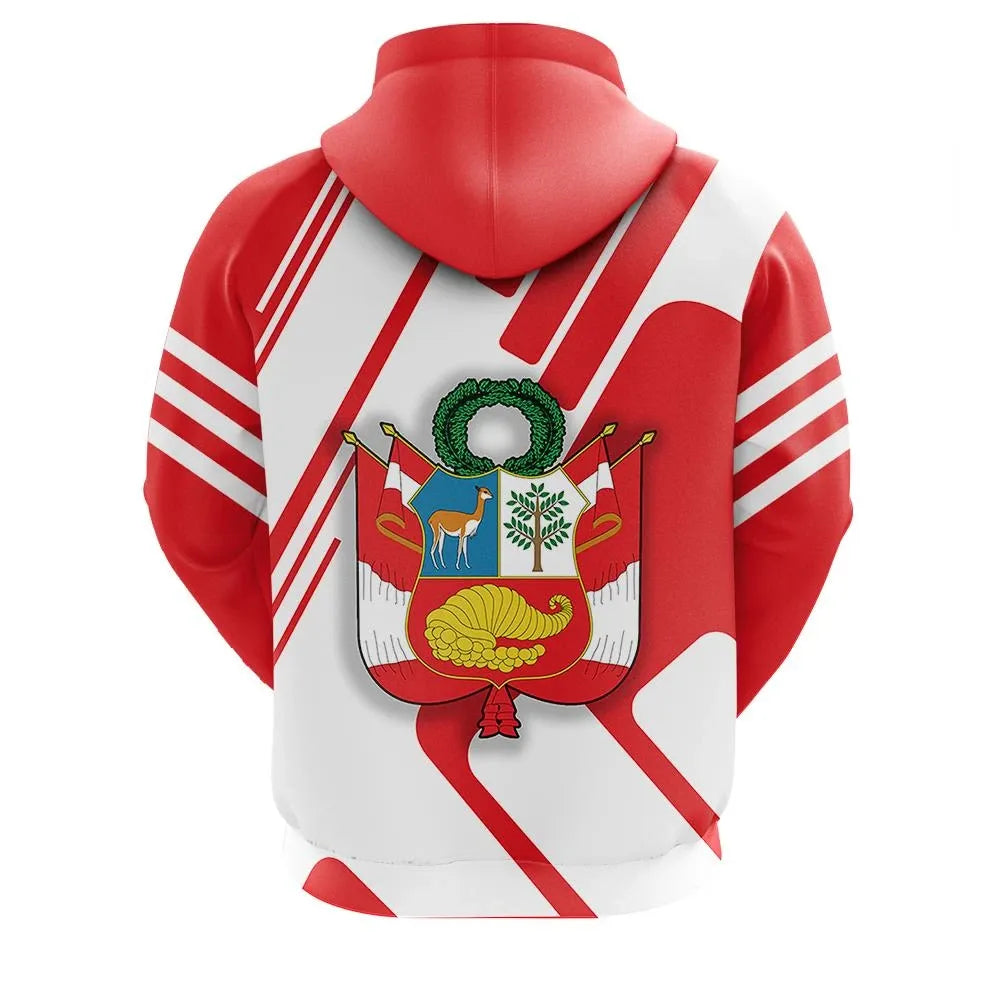 Red and white pullover hoodie back graphic with Peru coat of arms, striped sleeves