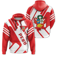 Red and white pullover hoodie with Peru flag stripes, hood drawstrings, kangaroo pocket