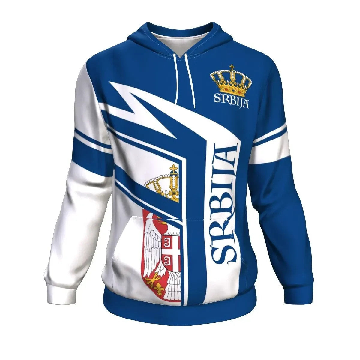 Blue pullover hoodie with hood strings and large Serbia flag crest graphic