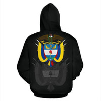 Black pullover hoodie with back crest graphic and hood
