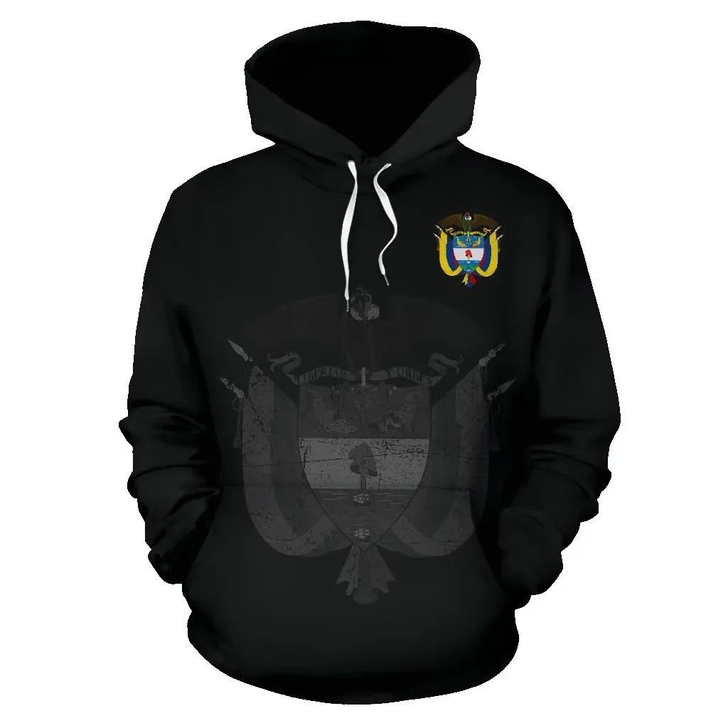 Black pullover hoodie with front crest graphic and white drawstrings