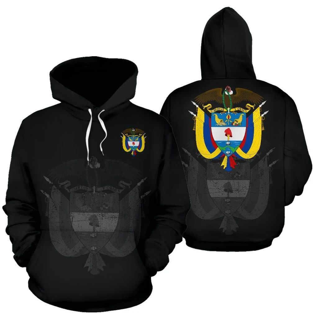 Black pullover hoodie showing front and back crest prints