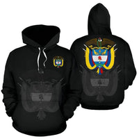 Black pullover hoodie showing front and back crest prints