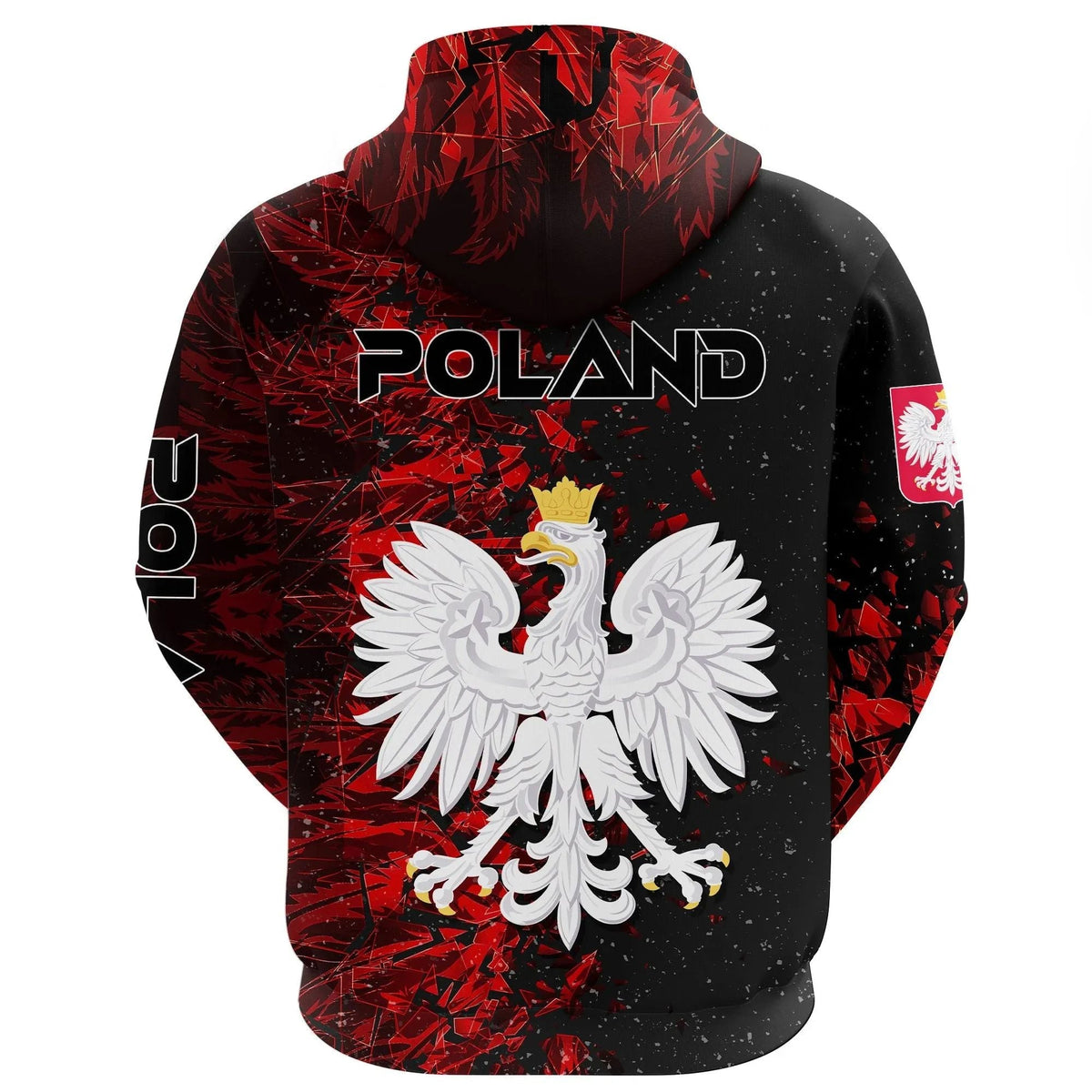Black pullover hoodie back with POLAND text, coat of arms, red geometric splatter