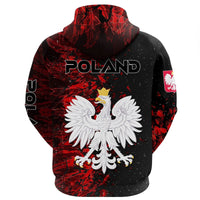 Black pullover hoodie back with POLAND text, coat of arms, red geometric splatter