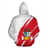 Red and white Peru pullover hoodie back graphic with crest and symbols