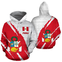 Red and white Peru pullover hoodie front and back view, hood and pocket
