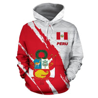 Red and white Peru pullover hoodie with front graphic and logo