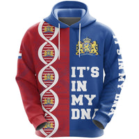 Two-tone blue/red pullover hoodie with front DNA graphic and bold 'IT'S IN MY DN'