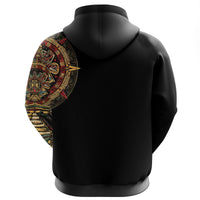 Black pullover hoodie, Aztec sun face print wrapping the upper left sleeve and back