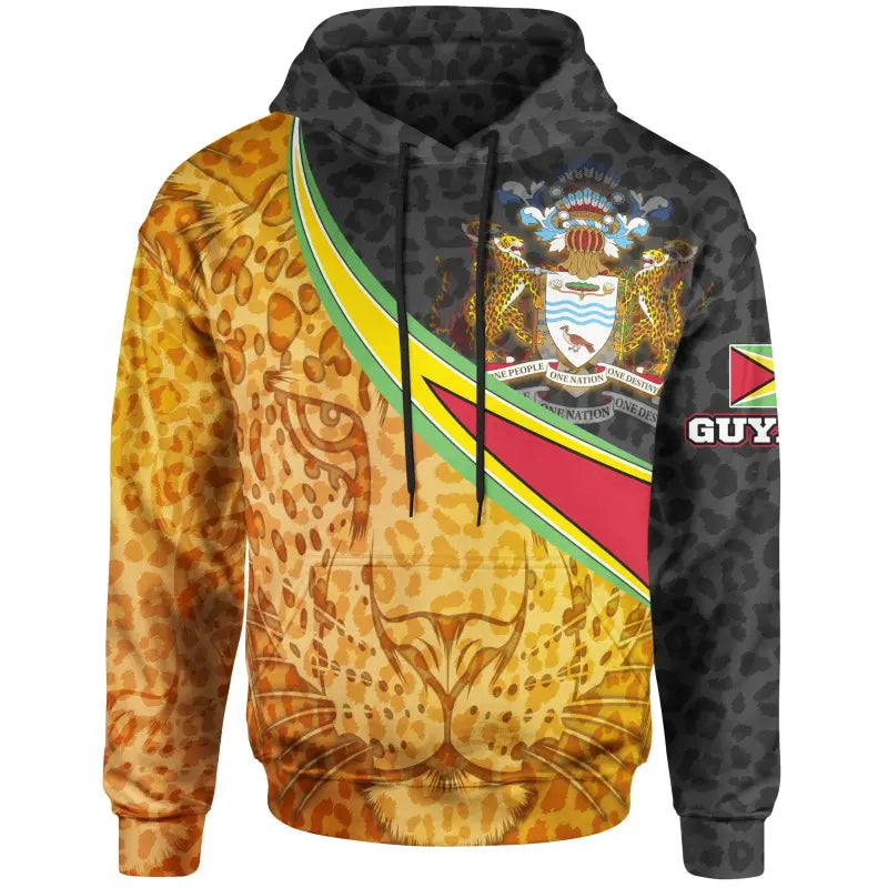 Guyana hoodie pullover in orange with jaguar pattern and chest crest