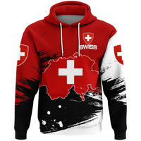 Red pullover hoodie with Swiss map and white cross graphic; hood and drawstring
