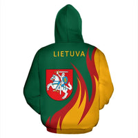 Back pullover hoodie in green/yellow flames with LIETUVA text and coat of arms