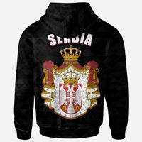 Dark pullover hoodie front with SERBIA text and detailed Serbian coat-of-arms crest