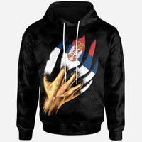 Dark pullover hoodie with large Serb crest graphic on chest and drawstring hood