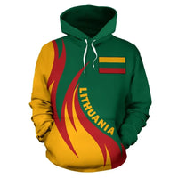 Pullover hoodie in green with yellow-red flame print, LIETUVA text, flag logo