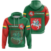Green pullover hoodie with hood, multicolor Lithuania crest and sword graphic on front