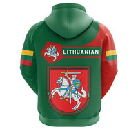 Green pullover hoodie back with 'LITHUANIAN' text and large shield crest graphic