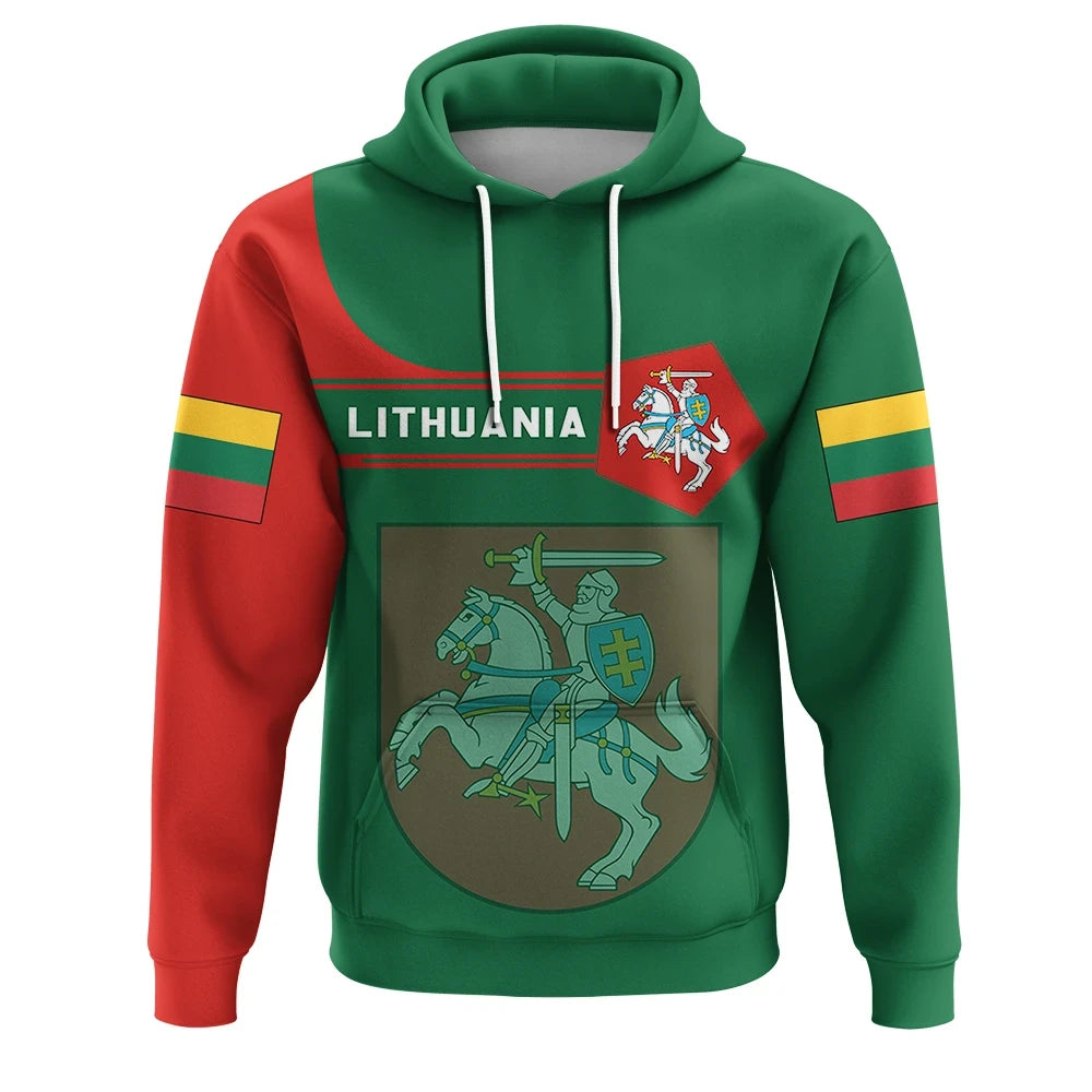 Green pullover hoodie with drawstring hood, Lithuania text and crest graphic