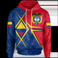 Red pullover hoodie with Colombia crest and blue geometric panel