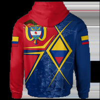 Red/blue pullover hoodie, full front graphic with Colombia emblem and drawstring hood