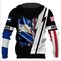 Black pullover hoodie with 3D full-print blue-and-red flag scene, hood and front pocket