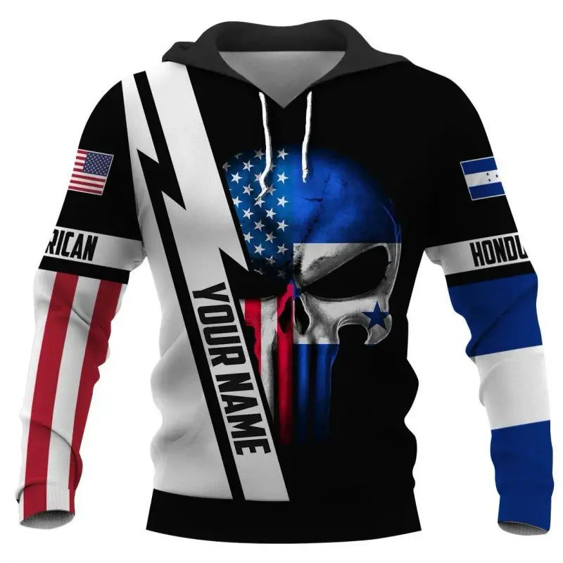 Black pullover hoodie with 3D full-print skull and flags graphic, hood and front pocket