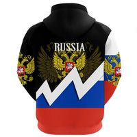 Back view black hoodie with Russia eagle crest, RUSSIA text, flag chevron and sleeves
