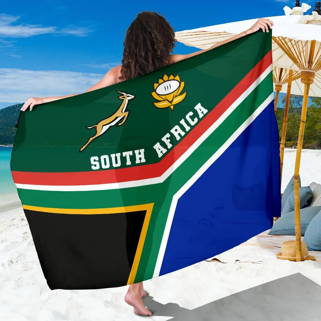 South Africa rugby sarong with Springbok graphic; green, blue, red and white stripes
