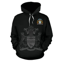 Black pullover hoodie front view with small crest and large dark shield graphic