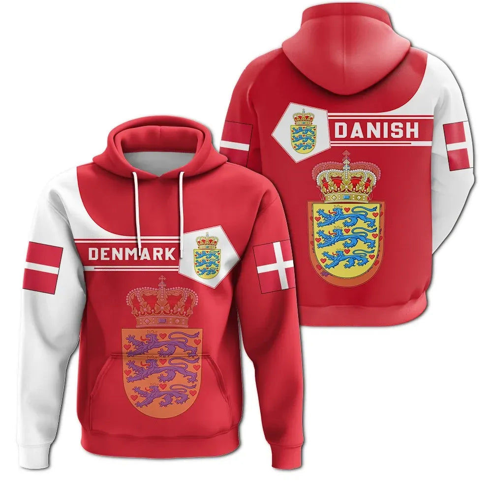 Red pullover hoodie: Denmark crest, DENMARK text, white stripe sleeves